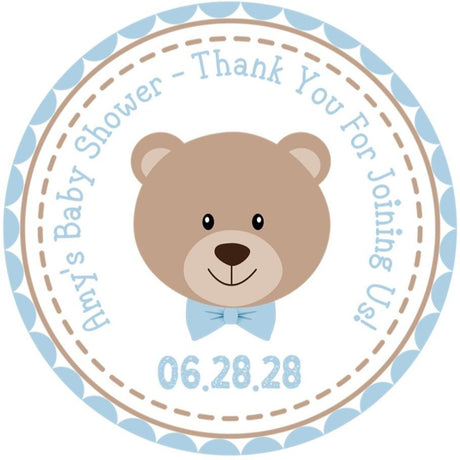 teddy bear baby shower sticker with blue bow tie