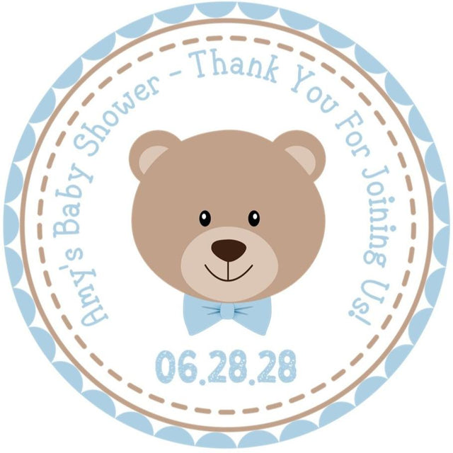 teddy bear baby shower sticker with blue bow tie