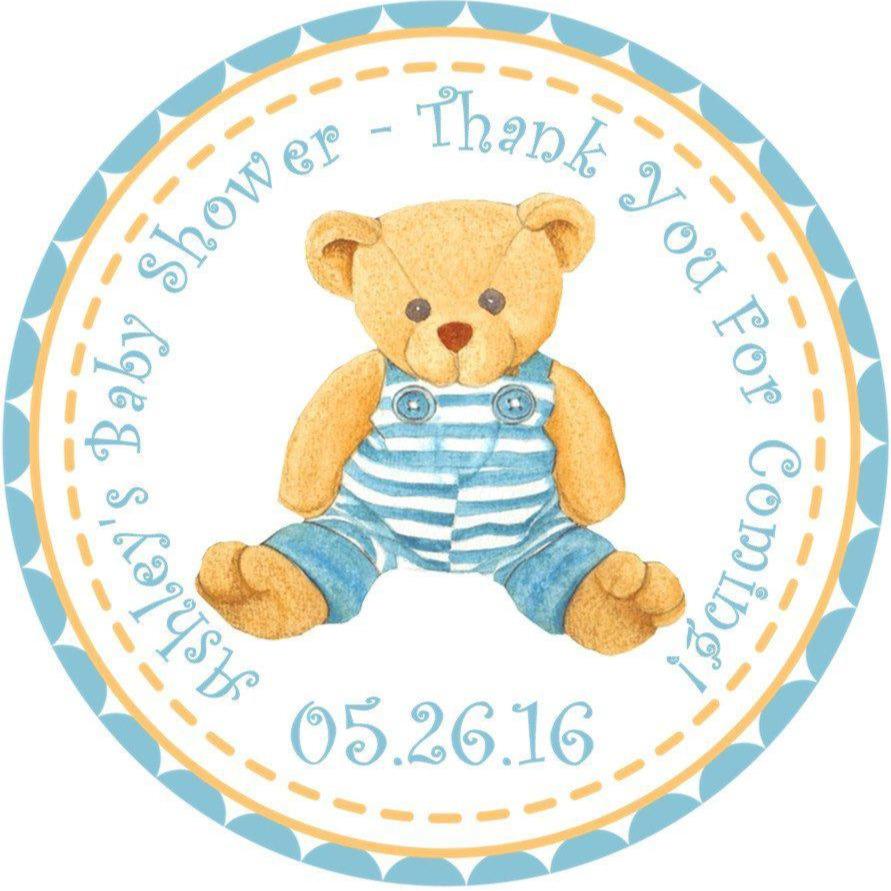 teddy bear in blue striped overalls baby shower sticker