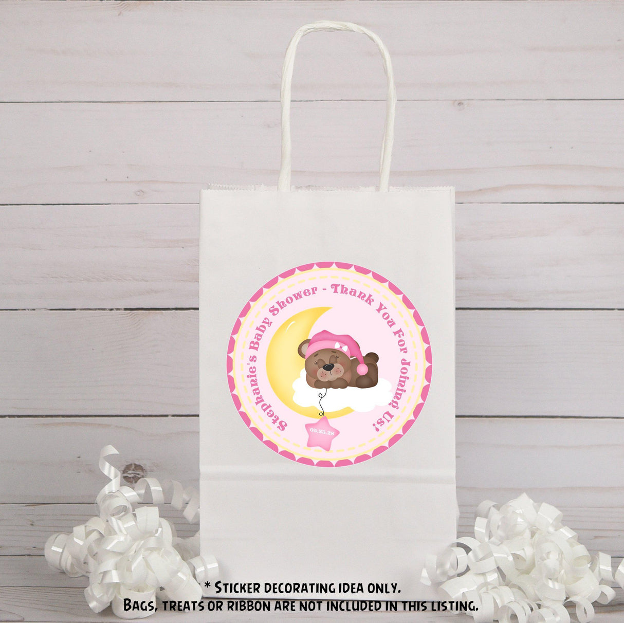 teddy bear on moon baby shower label