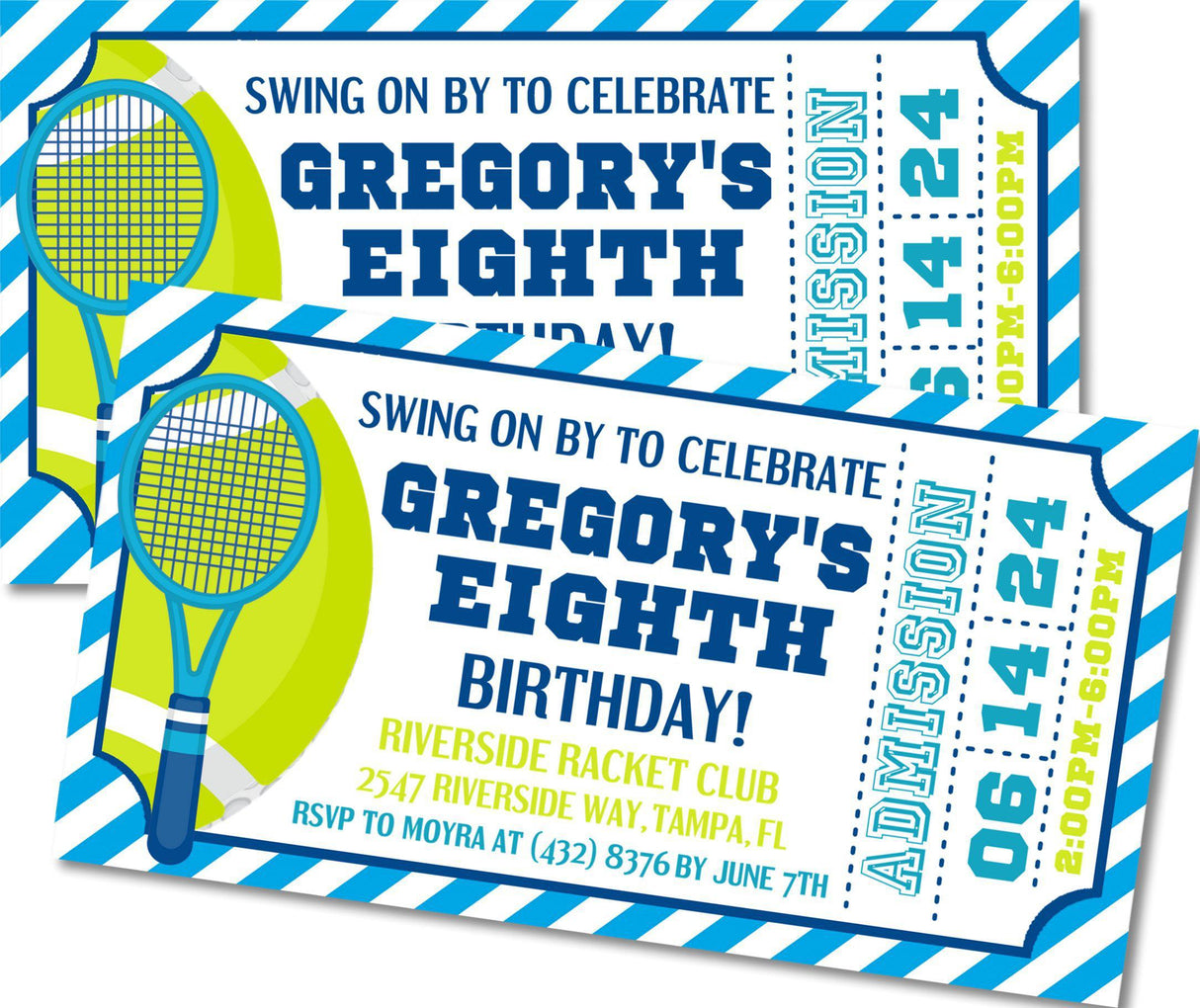 tennis ticket birthday invitations blue green sports design