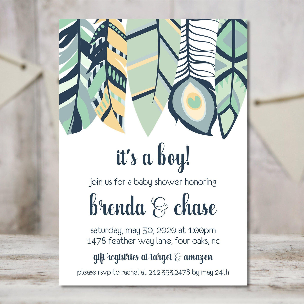 tribal baby shower invitations watercolor feather design