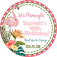 tropical flamingo birthday sticker with pink bird and island flowers