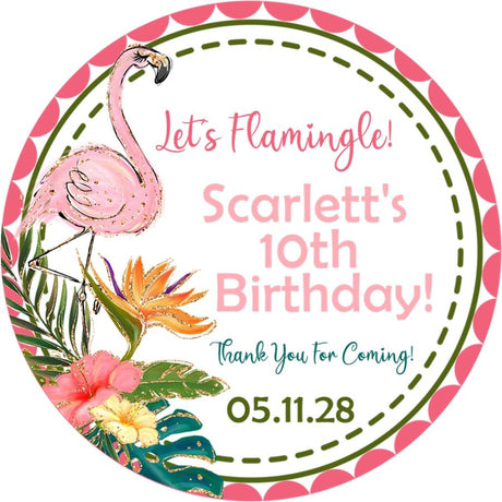 tropical flamingo birthday sticker with pink bird and island flowers