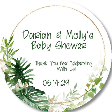tropical leaf baby shower sticker white background