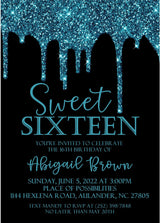 turquoise black sweet 16 invitations metallic drip design