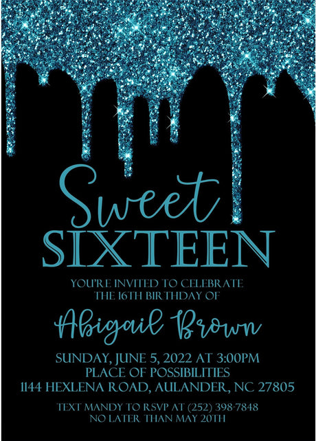 turquoise black sweet 16 invitations metallic drip design