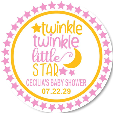 twinkle little star baby shower sticker in pink and yellow