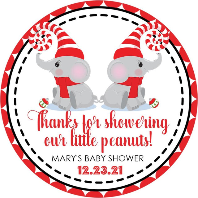 twins christmas baby shower stickers with two elephants and santa hats