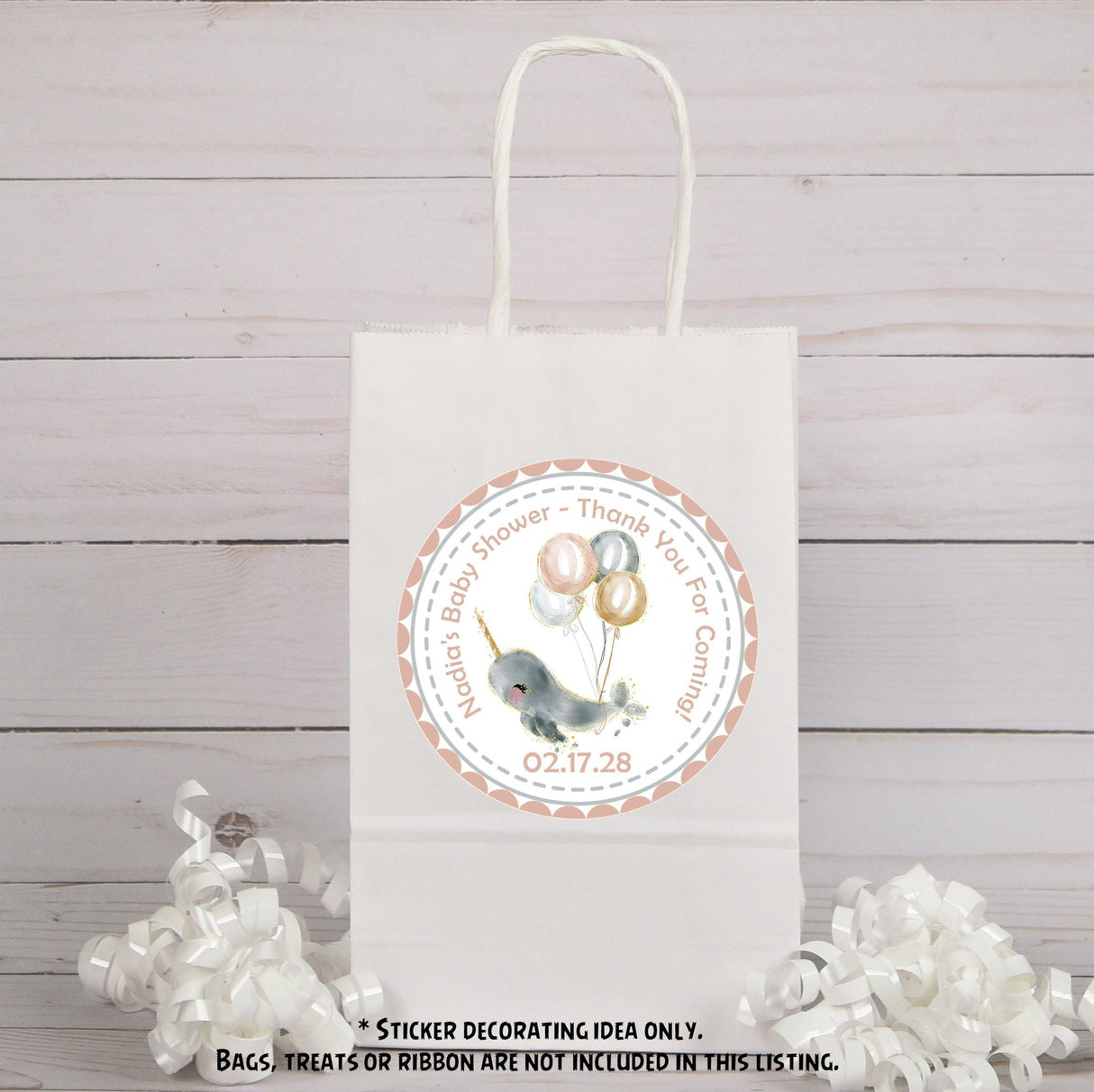 under the sea baby shower favor label with narwhal design