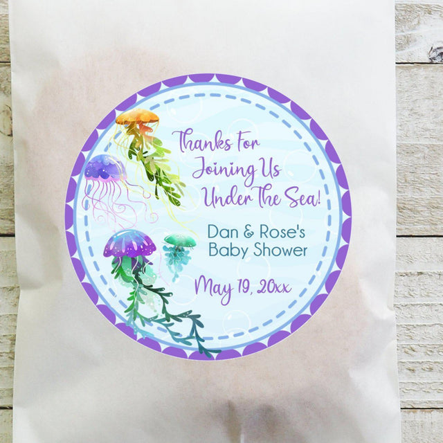 under the sea baby shower sticker with watercolor jellyfish