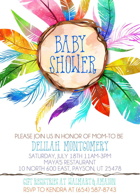 watercolor feather baby shower invitations