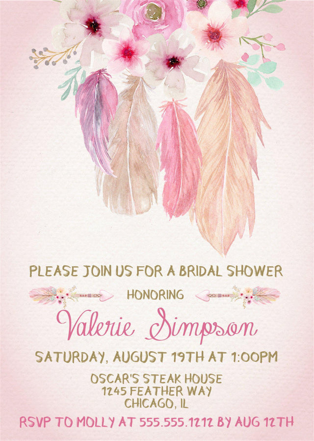 watercolor feather bridal shower invitations blush bohemian theme