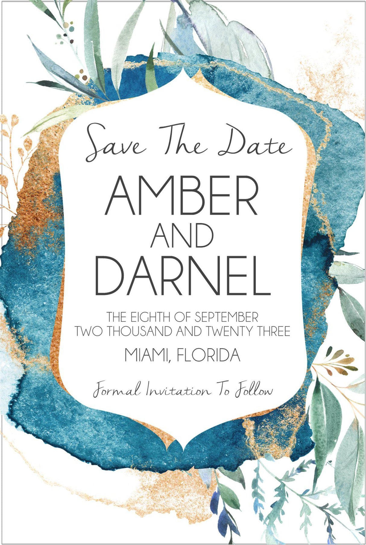 watercolor geode wedding save the dates teal and gold texture theme