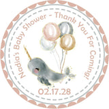watercolor narwhal baby shower sticker with blush and gold balloons
