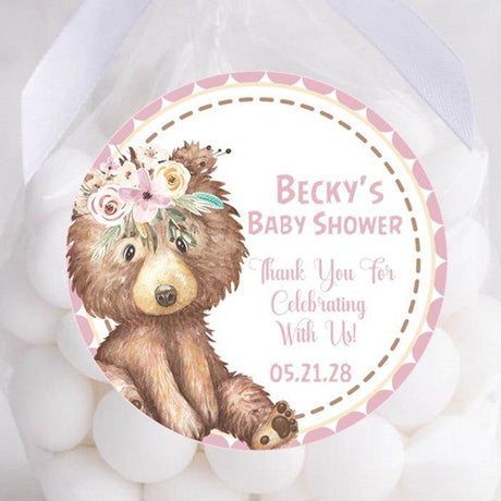 watercolor pink bear baby shower favor label