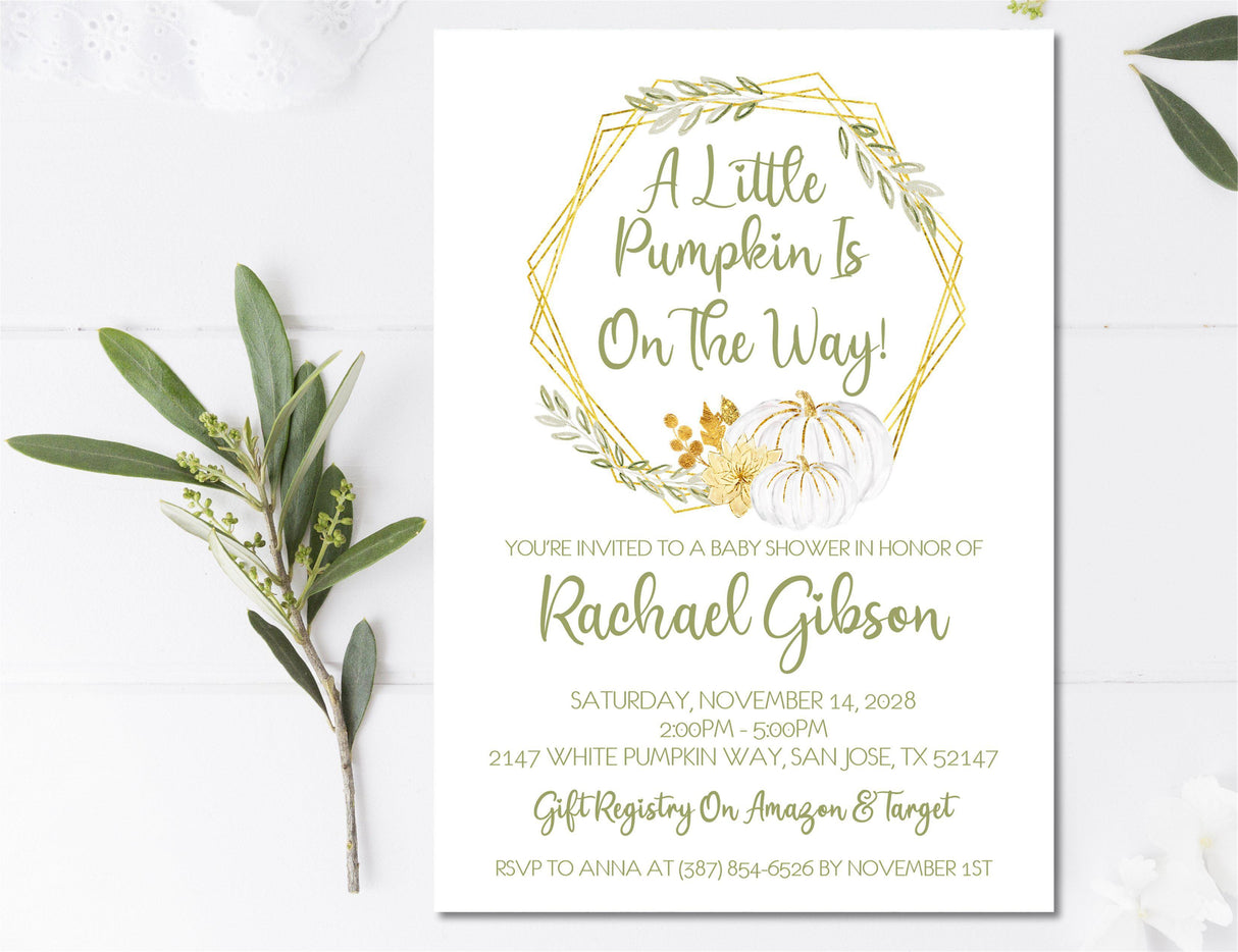 watercolor white pumpkin baby shower invitations greenery theme