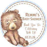 watercolor woodland bear baby shower sticker blue