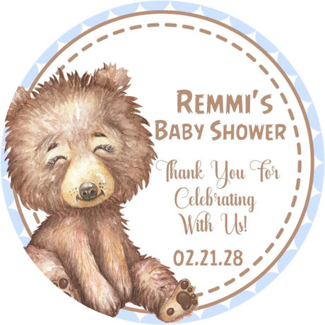 watercolor woodland bear baby shower sticker blue