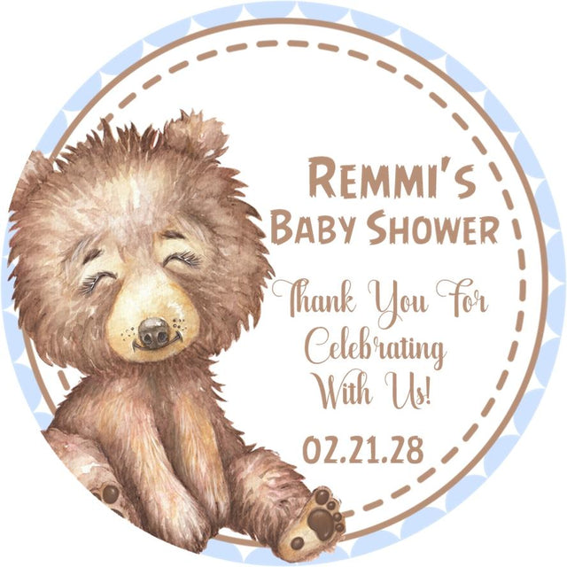 watercolor woodland bear baby shower sticker blue