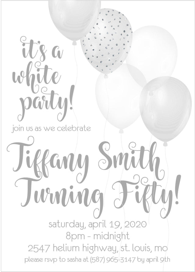 white party birthday invitations elegant balloon design