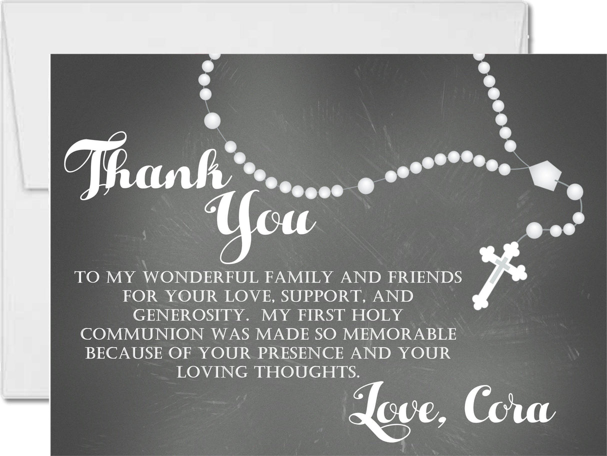 white rosary communion thank you cards chalkboard religious party design