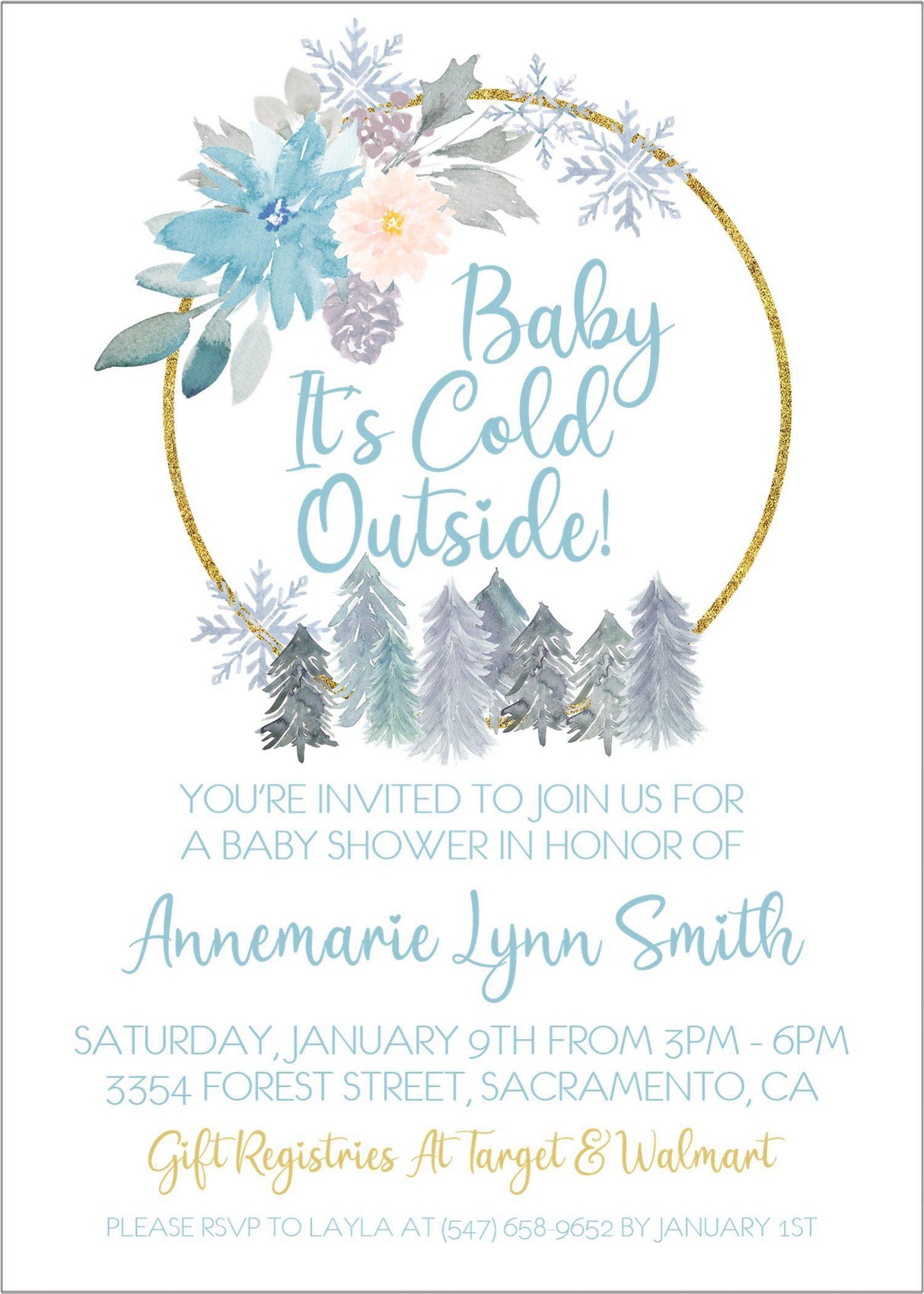 winter baby shower invitations blue snowflake design