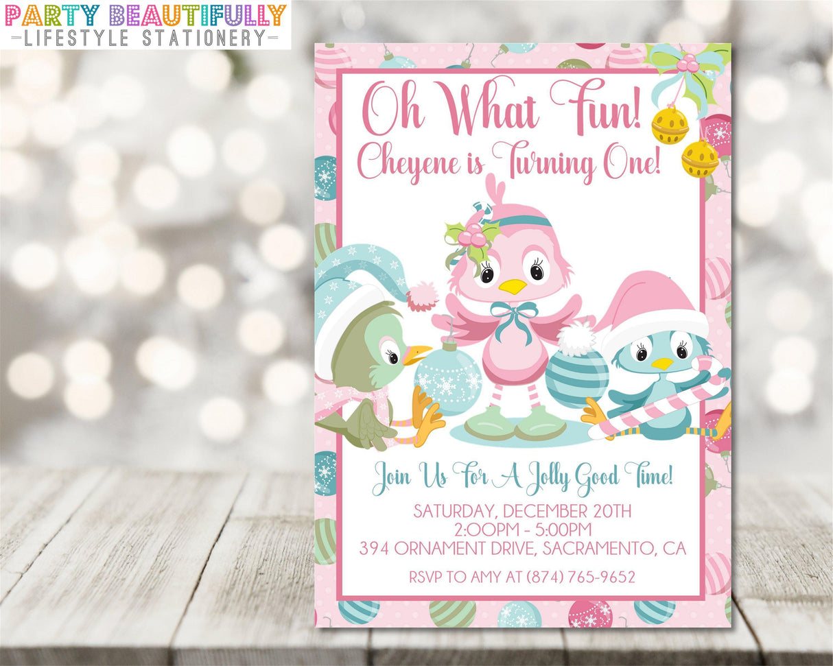 winter bird birthday invitations pastel holiday theme