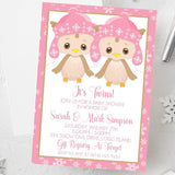 winter owl twins baby shower invitations snowflake pink design