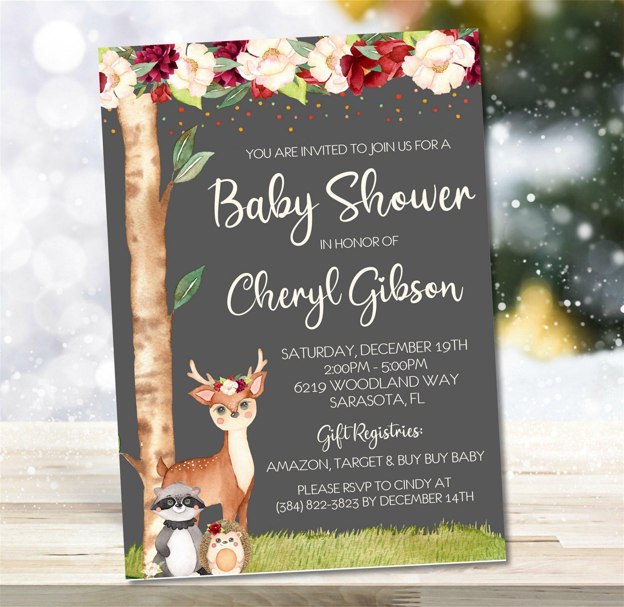 woodland forest animal baby shower invitations