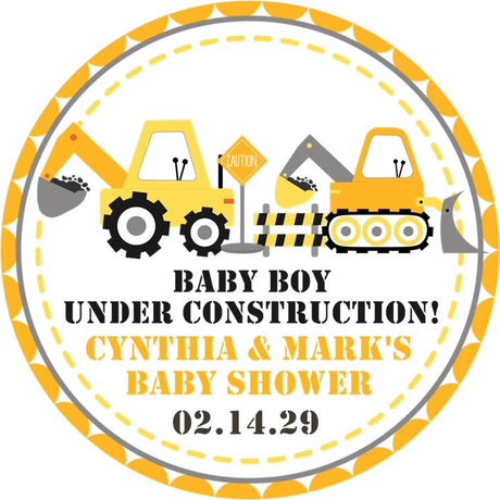 yellow construction baby shower sticker with trucks and cones