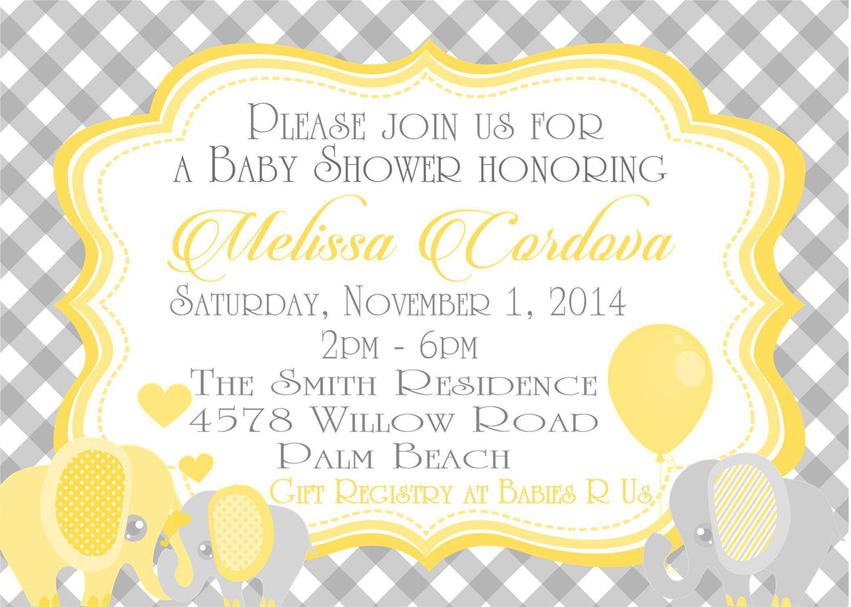 yellow gray elephant invitation cards